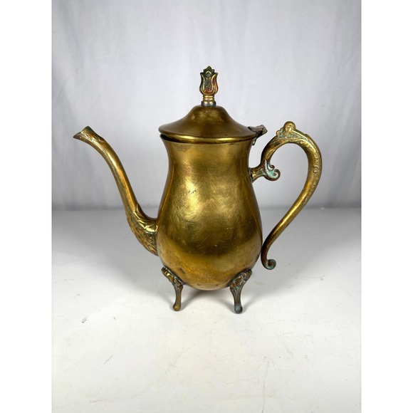 Other - Vintage Brass Coffee Pot Teapot Footed Ornate Hinged Lid Pitcher Decor